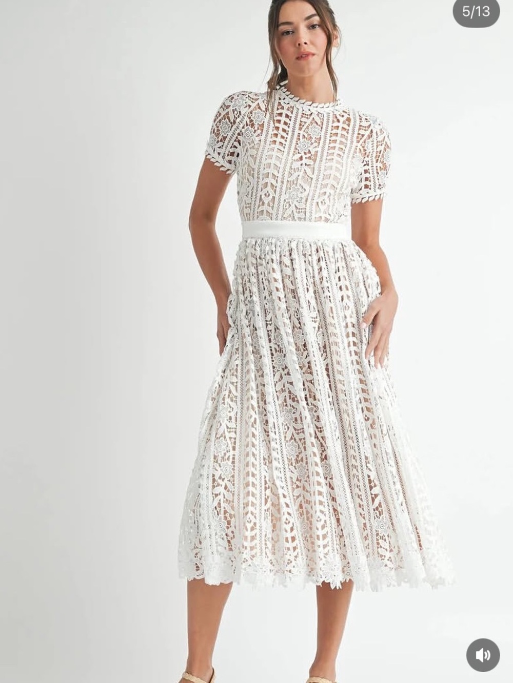 White eyelet Lace Midi Dress with Short Sleeves
